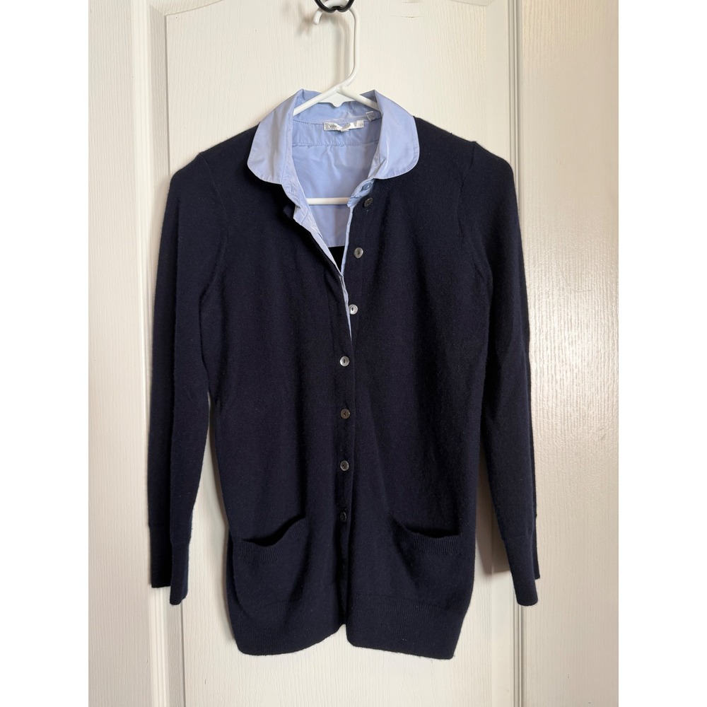 Vince Navy Blue 100% Cashmere Layered Look Cardigan Collared Shirt Contrast M